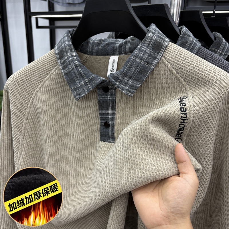 Cross-Border Fleece-Lined New Men's Sweater Fashion Trendy Casual Thickened Inner Plaid Turn-Down Collar Fake Two-Piece Men's Sweater