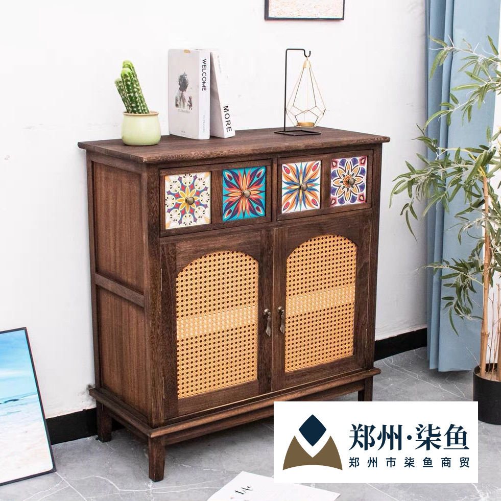 New Chinese Style Solid Wood Sideboard Home Rattan Tea Cabinet Restaurant Retro Meal Preparation Cabinet Entrance Wall Cabinet