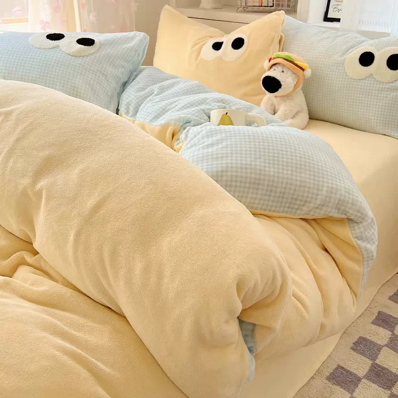 牛奶绒四件套冬季加厚法兰珊瑚绒被套床单人宿舍床品三件套床笠款