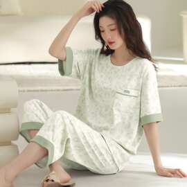 夏季新款纯棉女短袖七分裤套头睡衣印花休闲女家居服图片色圆领