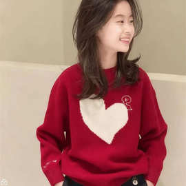 女童毛衣秋冬款2025新款女孩冬装拜年针织衫圆领套头红色新年衣服