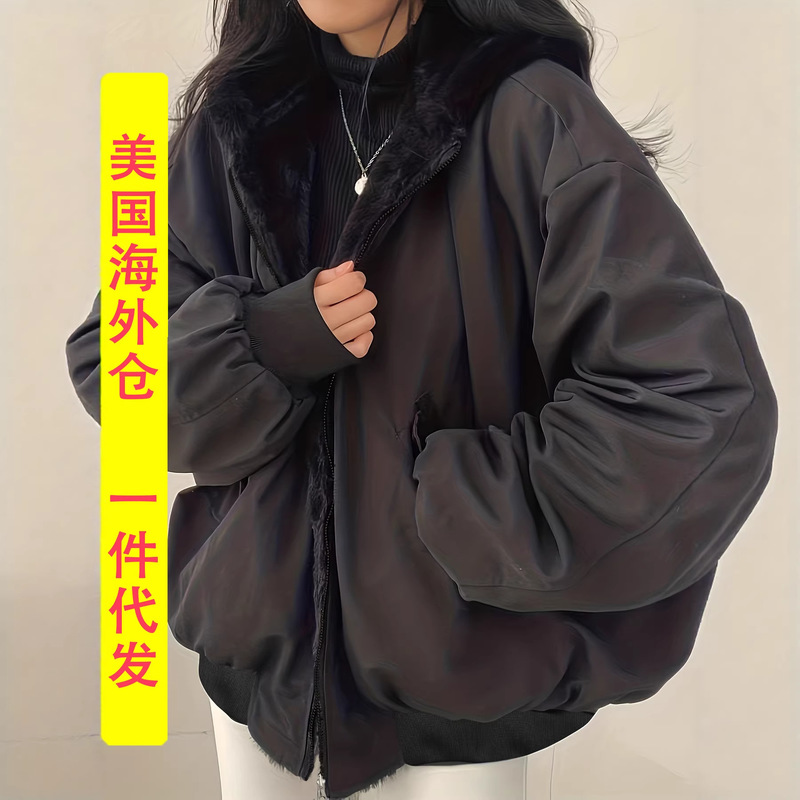 European and American Style Women's Warm Cotton Jacket, Oversized Hooded Pocket Jacket, Reversible Parka, Overseas Warehouse