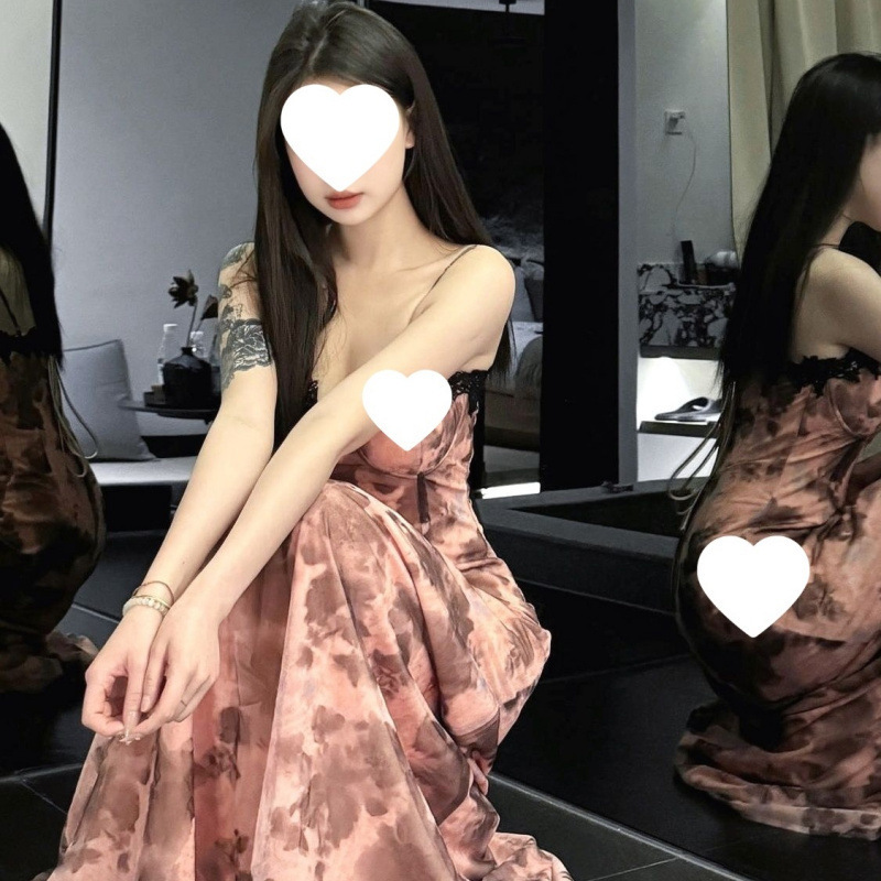 Hot Girl Sexy Printed Suspender Dress with Breast Pads, Elegant Waist Slimming Holiday Style Floral Long Skirt