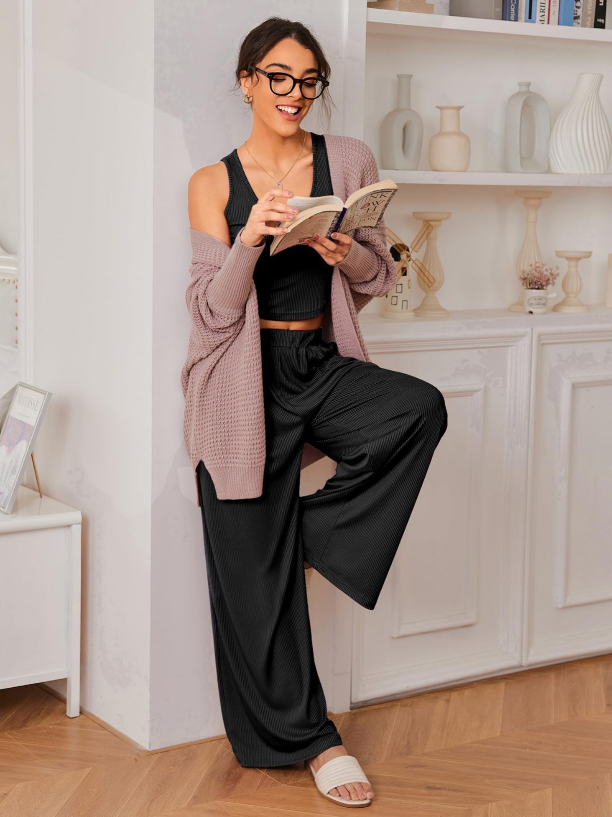 Traje deportivo de ocio de todo fósforo de moda europea y americana para mujer 20224 camisola de color sólido de verano pantalones anchos de dos piezas