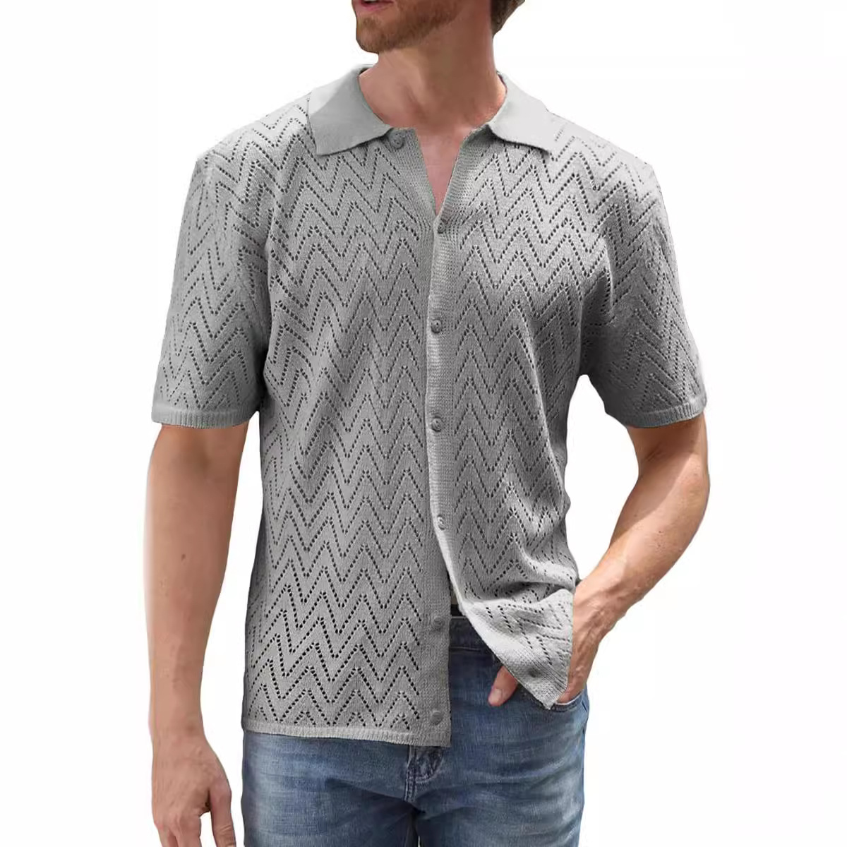 Summer New European And American Casual Knitted Short-sleeve Shirt, Cardigan, Solid Color Hollow Top Men's Clothing_voghion.com