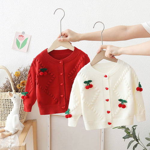 Baby Knit Cardigan Autumn Wear 2024 New Trendy Korean Version Baby Acrylic Sweater Outerwear Cherry Cardigan for Girls