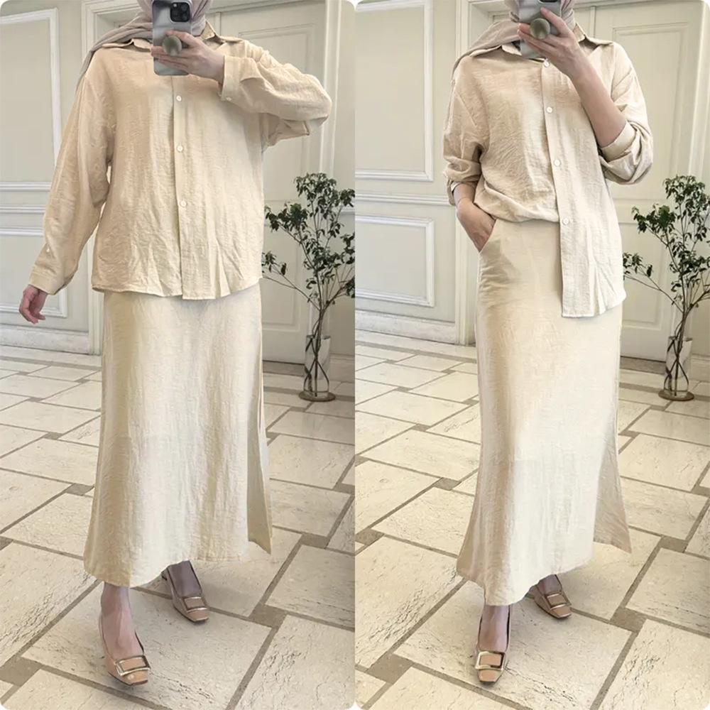 跨境亚马逊女士两件套复古加大码衬衫套装女高腰松紧裙子套装代发