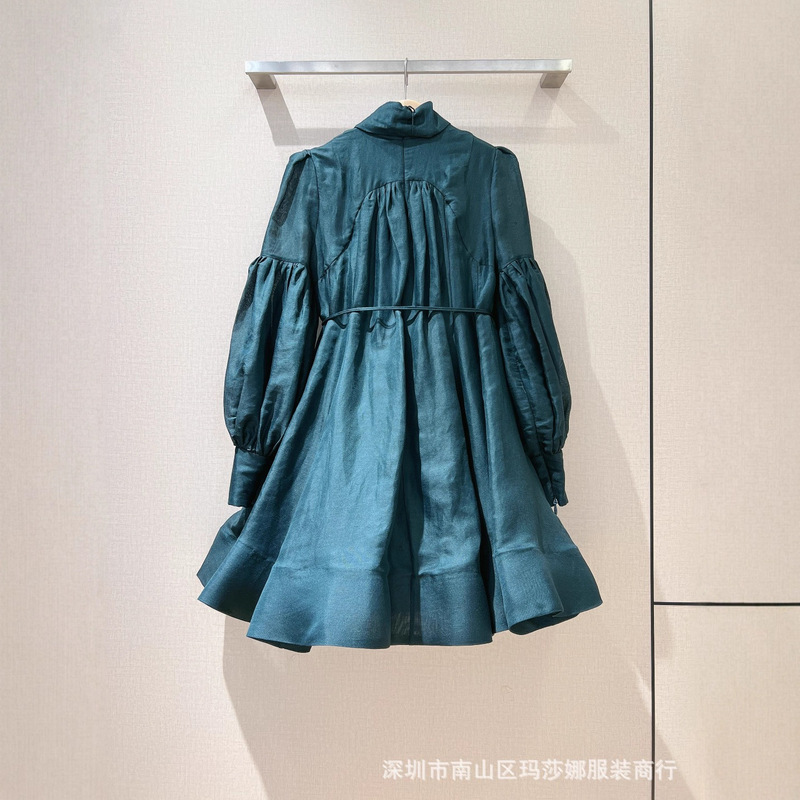 欧美高端2025秋季新款墨绿色立领飘带灯笼袖长袖收腰公主裙短裙|undefined