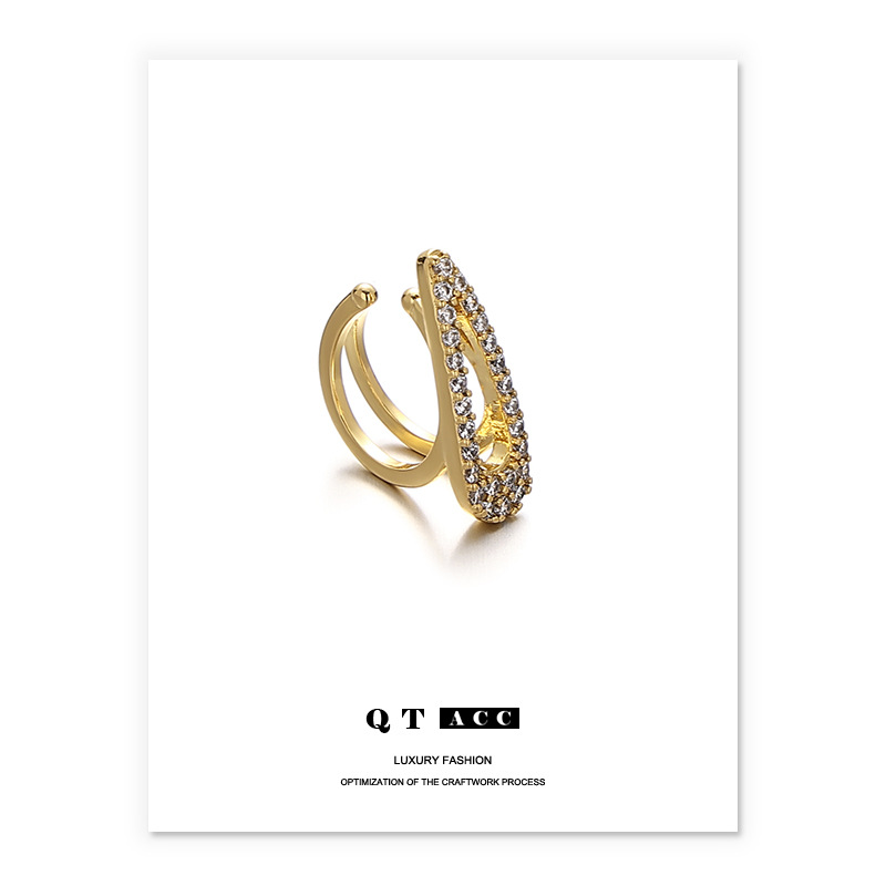 Latón chapado 18K oro real europeo y americano ins estilo minimalista versátil temperamento retro ZIRCON con incrustaciones oído hueso clip pendientes para las mujeres