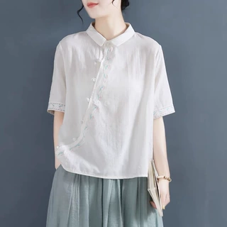 2026年夏季新款棉麻文艺复古短袖翻领斜襟刺绣套头衬衫上衣女