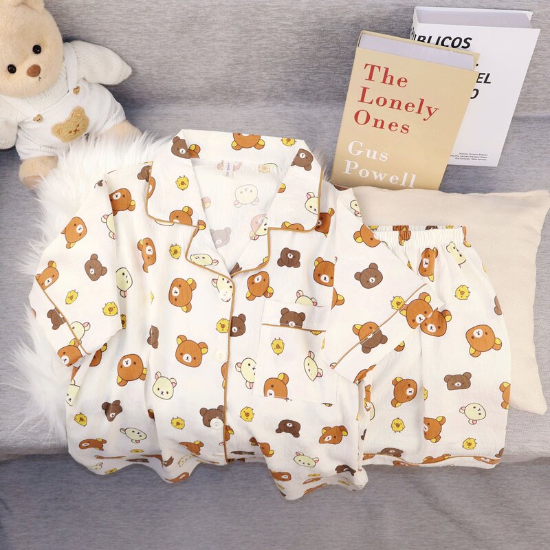 Cartoon Cute Pajamas for Women Summer Lapel Short-Sleeved Shorts Casual Outer Wear Home Clothes Set Cross-Border Foreign Trade Wholesale