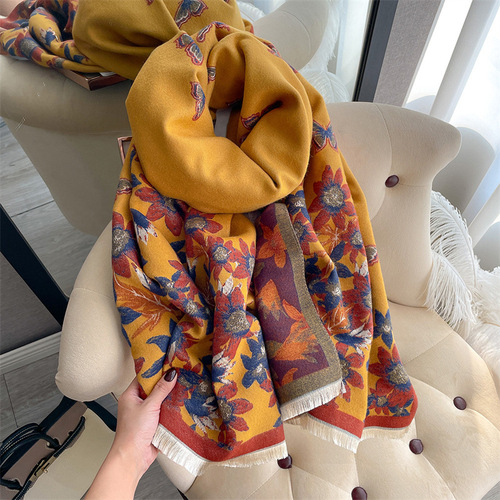 Elegant socialite butterfly flower print scarf for women thickened warm imitation cashmere scarf double-sided versatile shawl