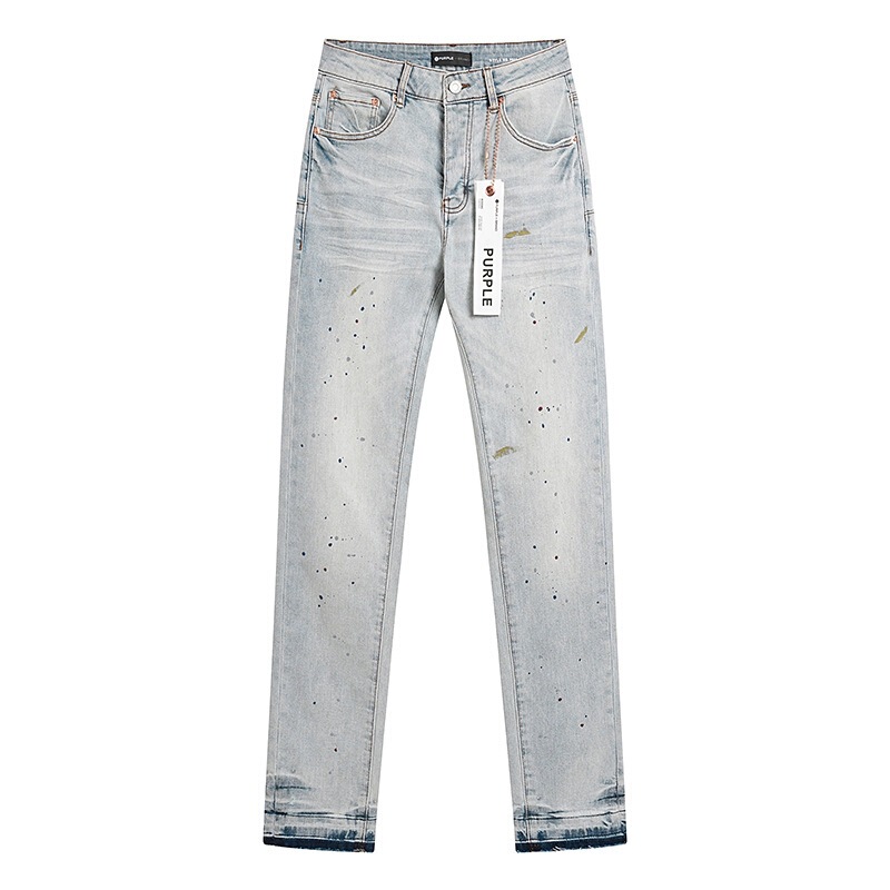 パープルブランド スモールフット ストレート マイクロフレア ストレッチ ジーンズ レトロ ダメージ加工 リップド デニム パンツ|undefined