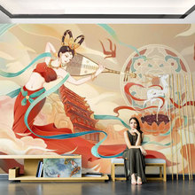 手绘抽象仙女电视背景墙布高端客厅沙发壁画现代敦煌飞天凤凰壁布