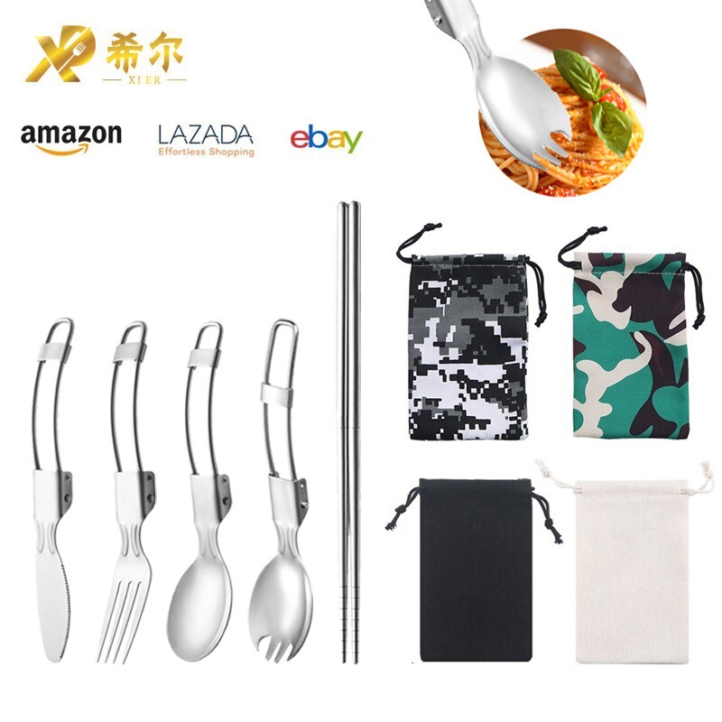 Stainless steel folding tableware suit picnic camping outdoor portable knife fork chopsticks salad spoon storage bag combination