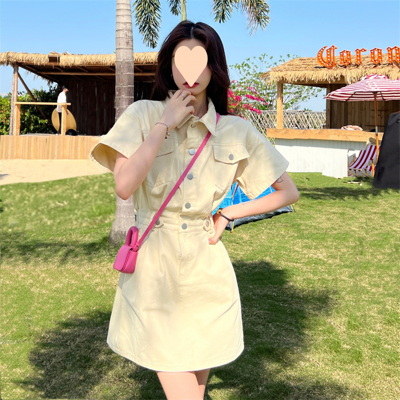 夏季2025年新款韩版时尚收腰显瘦短袖牛仔连衣裙女气质小个子裙子