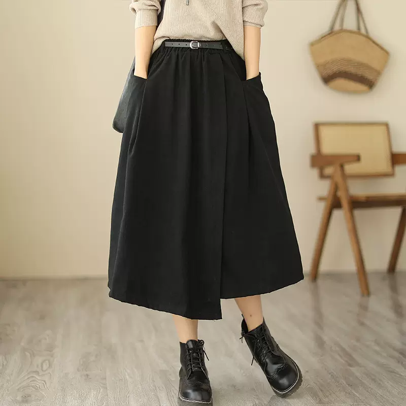实拍2025秋冬文艺宽松大码女装松紧腰显瘦A字中长款送腰带半身裙