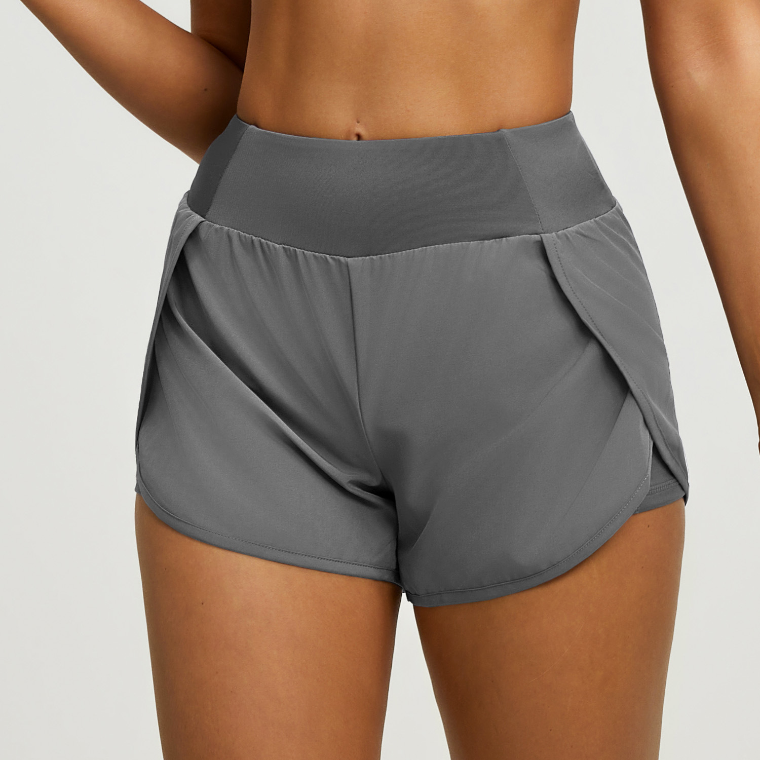 Pantalones cortos deportivos de dos piezas falsos, muy vendidos para comercio transfronterizo, para mujer, con bolsillos laterales antiexposición, ajuste holgado, para correr, fitness, yoga