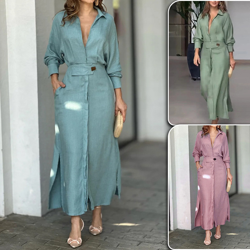 2026 Summer New European and American Style Cross-Border Export Women's Clothing, Casual Solid Color Tie-Waist Long Dress 2026 Summer New European and American Style Cross-Border Export Women's Clothing, Casual Solid Color Tie-Waist Long Dress