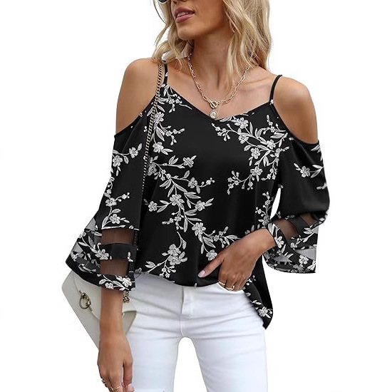 2025 Amazon Summer Hot Style Women's Nine-Quarter Sleeve Chiffon Loose and Elegant Off-Shoulder Top