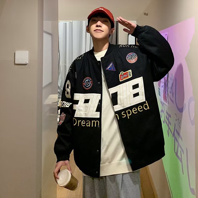 Chaqueta de la escuela oldschool de la marca de moda para hombres, estilo de Hong Kong de otoño, moda hermosa, parche informal suelto, uniforme de béisbol de gran tamaño