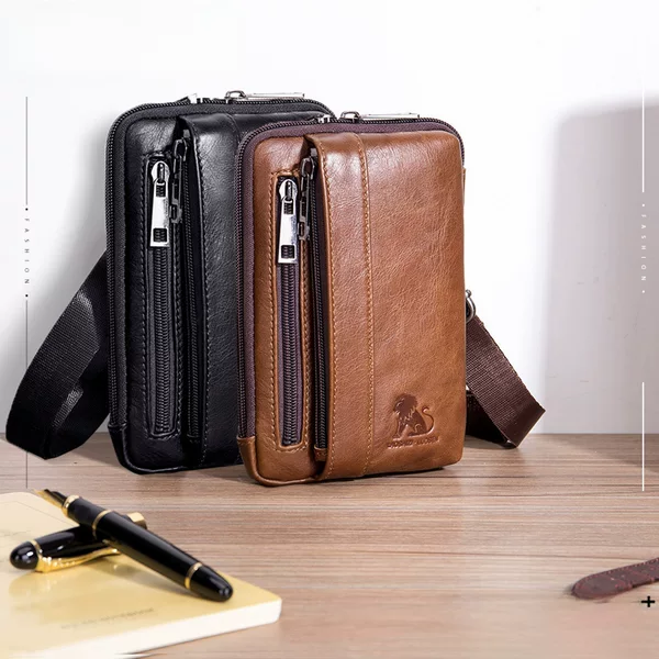 Cowhide Men's Waist Bag Men's Genuine Leather Mobile Phone Bag Horizontal and Vertical Multifunctional Hook Wearing Belt Construction Site Waist Bag