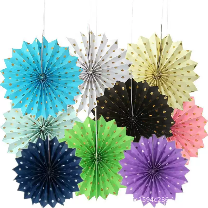 批发纸扇花 波点折纸扇套装 儿童生日派对装饰 婚礼装饰烫金折扇