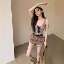 辣妹中腰复古牛仔女式夏季做旧a字显瘦裙裤三分直筒裤卡其色