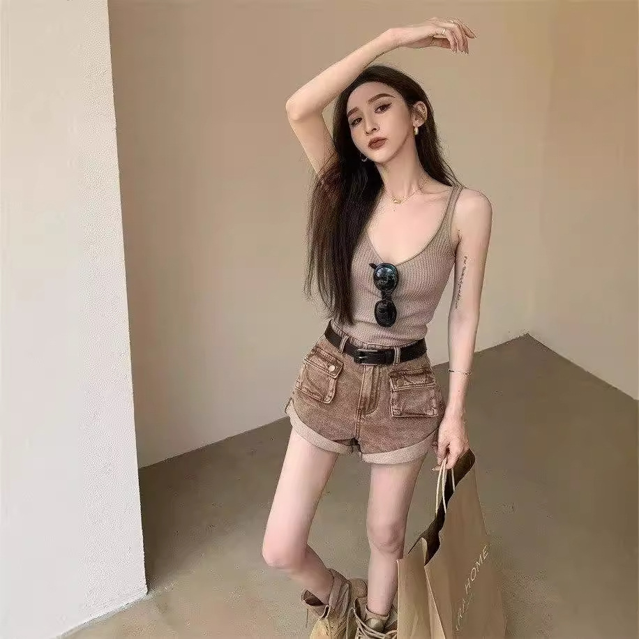辣妹中腰复古牛仔女式夏季做旧a字显瘦裙裤三分直筒裤卡其色