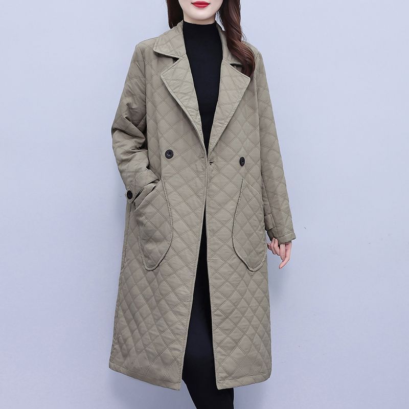 潮流中长款菱格风衣女春秋款2025大码显瘦百搭过膝网红西装领外套|undefined