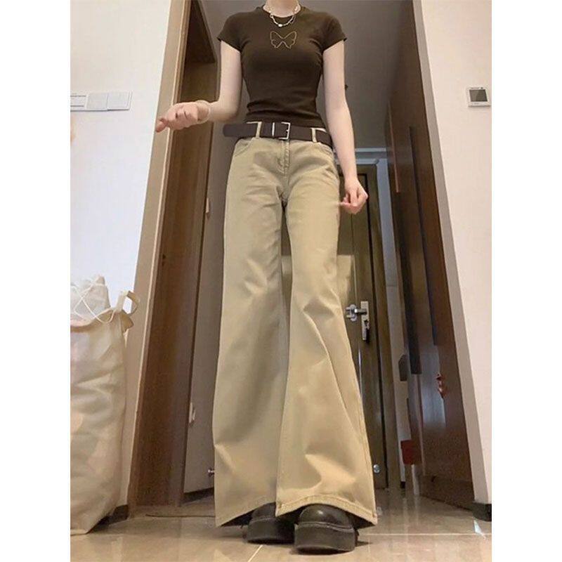 Low-waisted pants for petite women, American-style slightly flared khaki jeans, new summer bell-bottom casual pants for women Low-waisted pants for petite women, American-style slightly flared khaki jeans, new summer bell-bottom casual pants for women