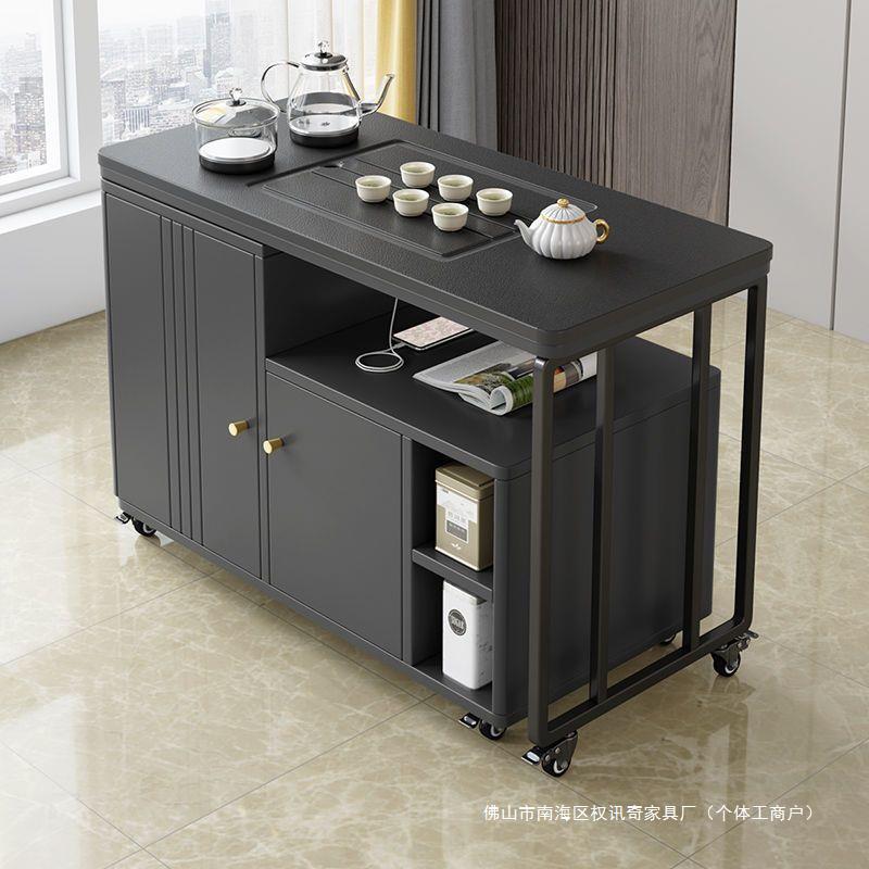 Mesa de té móvil mesa de té de doble propósito oficina multifuncional coche de té doméstico con ruedas mesa de oficina de piedra negra simple