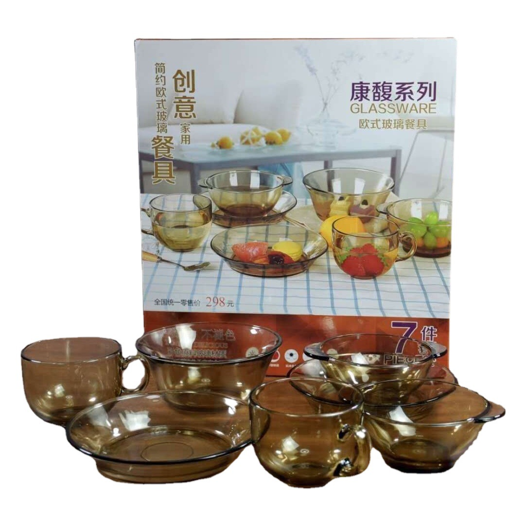 Tazón de vidrio marrón plato olla traje hogar caja de regalo embalaje tazón de vidrio transparente placa imprimible logotipo regalo de empresa