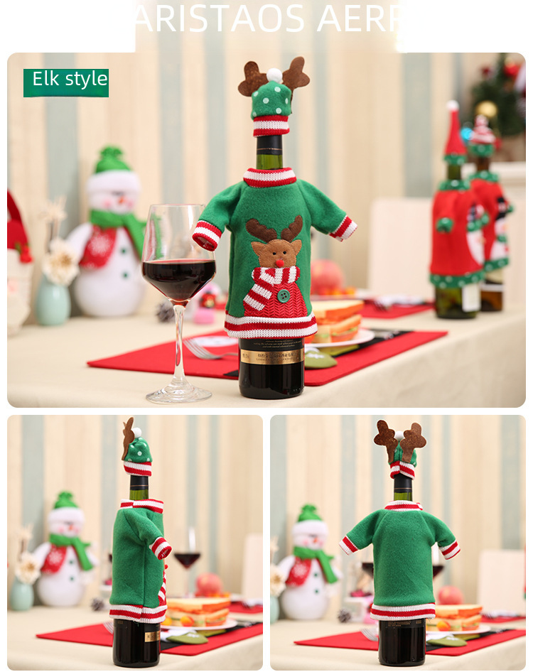 Neues dekoratives Weihnachtsweinflaschenset, weihnachtliches, besticktes Cartoon-Weinflaschenset, Weihnachtsfeiertags-Tischdekoration_voghion.com