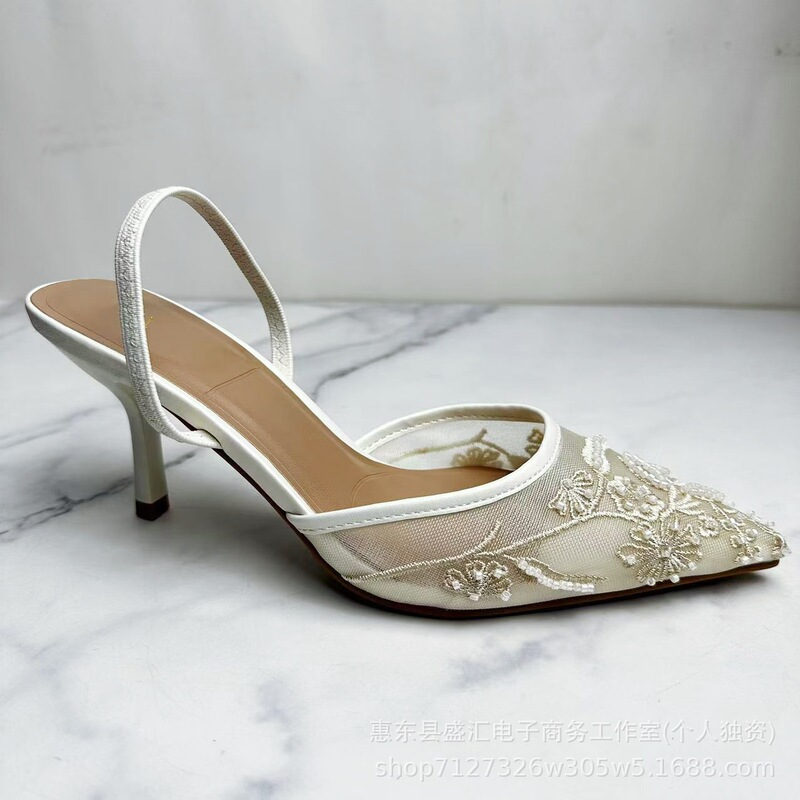 Spain ZA2024 Autumn New Muller Shoes White Embroidered Mesh Rear Trip Strap Thin Heeled High Heeled Dew Sandals