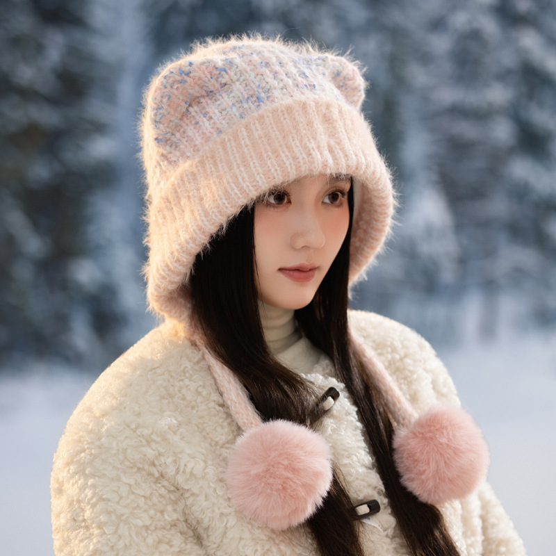 冬季帽子女款系带针织帽加绒加厚防寒毛线帽百搭保暖帽兔毛包头帽|undefined