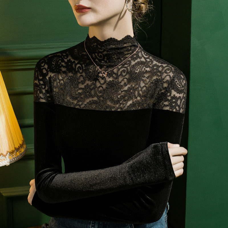 Lace Stitching High Collar Bottoming Shirt Women's Velvet 2022 Autumn and Winter Interior Sexy Long Sleeve Top Winter Small Shirt Ladies