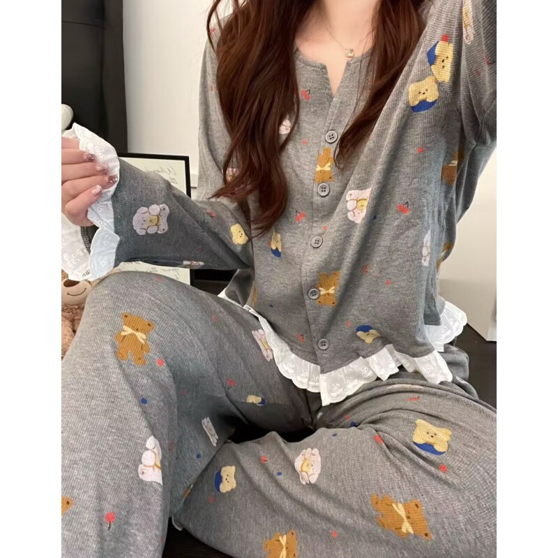 Gray bear spring and autumn pajamas for women, ice silk ribbed long-sleeve cardigan, trendy Korean style lace trim home wear set Gray bear spring and autumn pajamas for women, ice silk ribbed long-sleeve cardigan, trendy Korean style lace trim home wear set