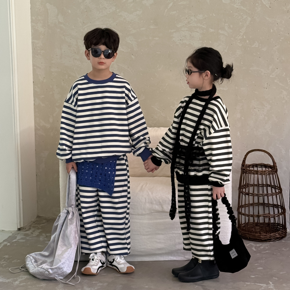 童套装2025秋季男童女童韩版条纹卫衣卫裤两件套儿童圆领休闲套装