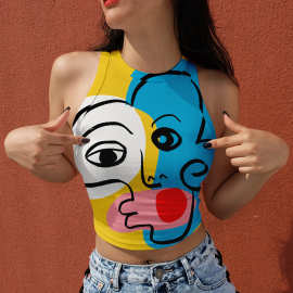 2021亚马逊夏季上衣女式挂脖修身印花漏肚脐挂脖无袖背心欧美