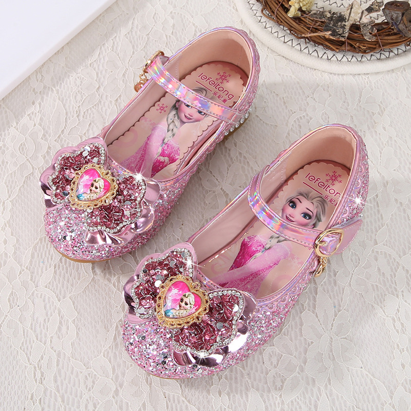Elsa Princess Shoes Girls High Heels Spring and Autumn New Children's Sequin Shoes Spring and Autumn Single Shoes Little Girls Leather Shoes