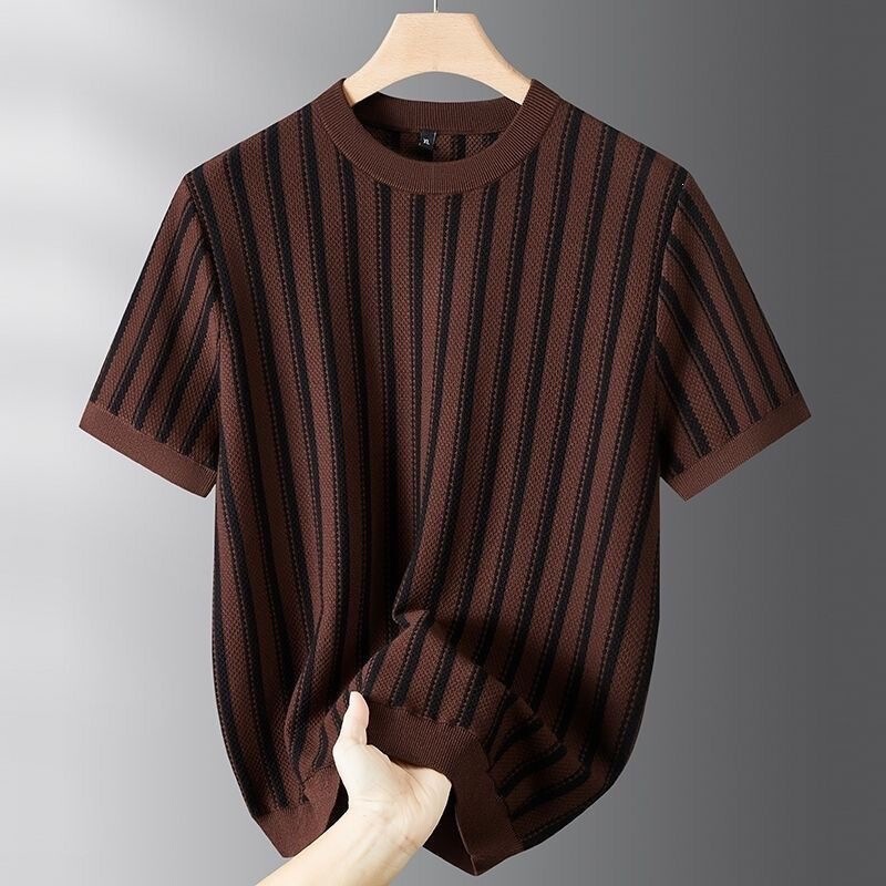 Round Neck Plus-Size Men's Casual Versatile Old Money Style Short-Sleeve Knit Sweater Striped Jacquard Sweater for Spring and Autumn Round Neck Plus-Size Men's Casual Versatile Old Money Style Short-Sleeve Knit Sweater Striped Jacquard Sweater for Spring and Autumn