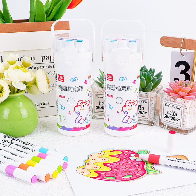 Huilin Cross-Border 12-Color Acrylic Markers for Children's Doodling, Non-Bleeding, Quick-Drying, Layering, Art Journaling, Colored Pens