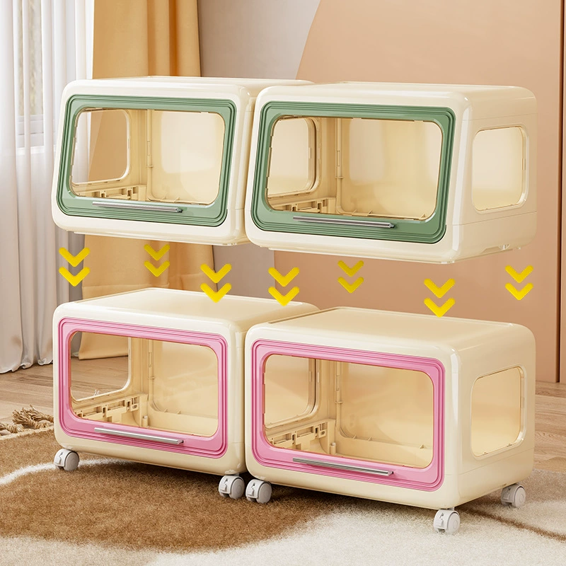 Dustproof stackable storage cabinet, cartoon kids organizer, multi‑layer with removable casters