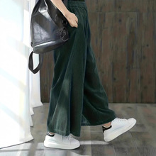新款跨境欧美女士裤子纯色灯芯绒 女士松紧腰宽松显瘦 百搭阔腿裤