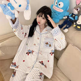 睡衣秋冬季珊瑚绒家居服可爱卡通翻领法兰绒加厚绒保暖可外穿套装