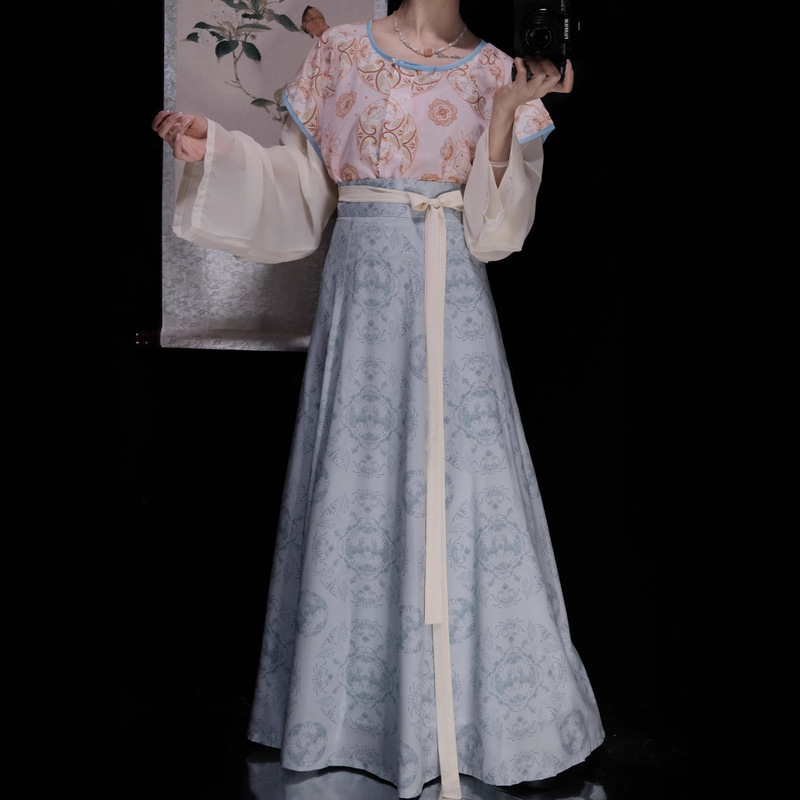New Tang-Style Printed Round-Neck Shirt Hanfu for Women, Tang-Style Robe with Eight-Panel Skirt, Ancient Daily Outfit, Super Fairy Adult Hanfu