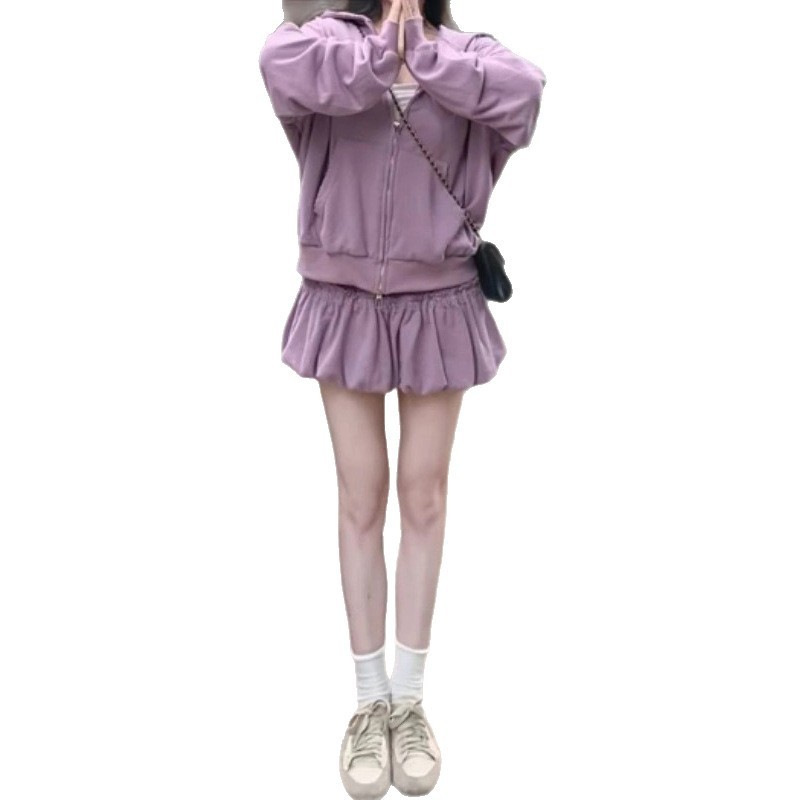 韩风chic减龄穿搭小个子超好看紫色卫衣外套短裙两件套装女2025秋|undefined