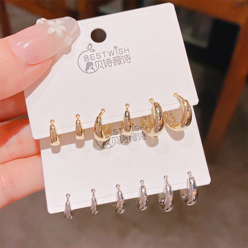 2025新品光面镀金精致3对装耳扣耳环 韩版小众轻奢风超闪个性耳扣