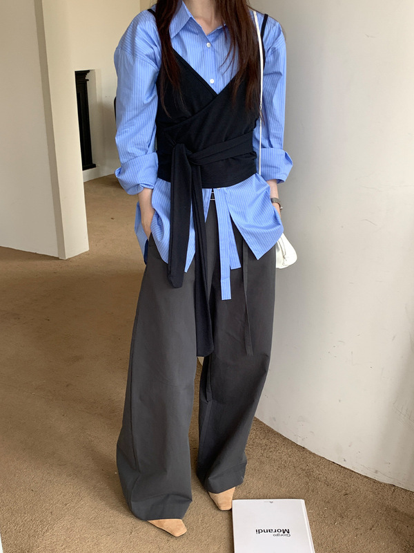 薇颂阔腿休闲裤女2025秋季新款韩版高腰显瘦可调节腰带直筒长裤|undefined